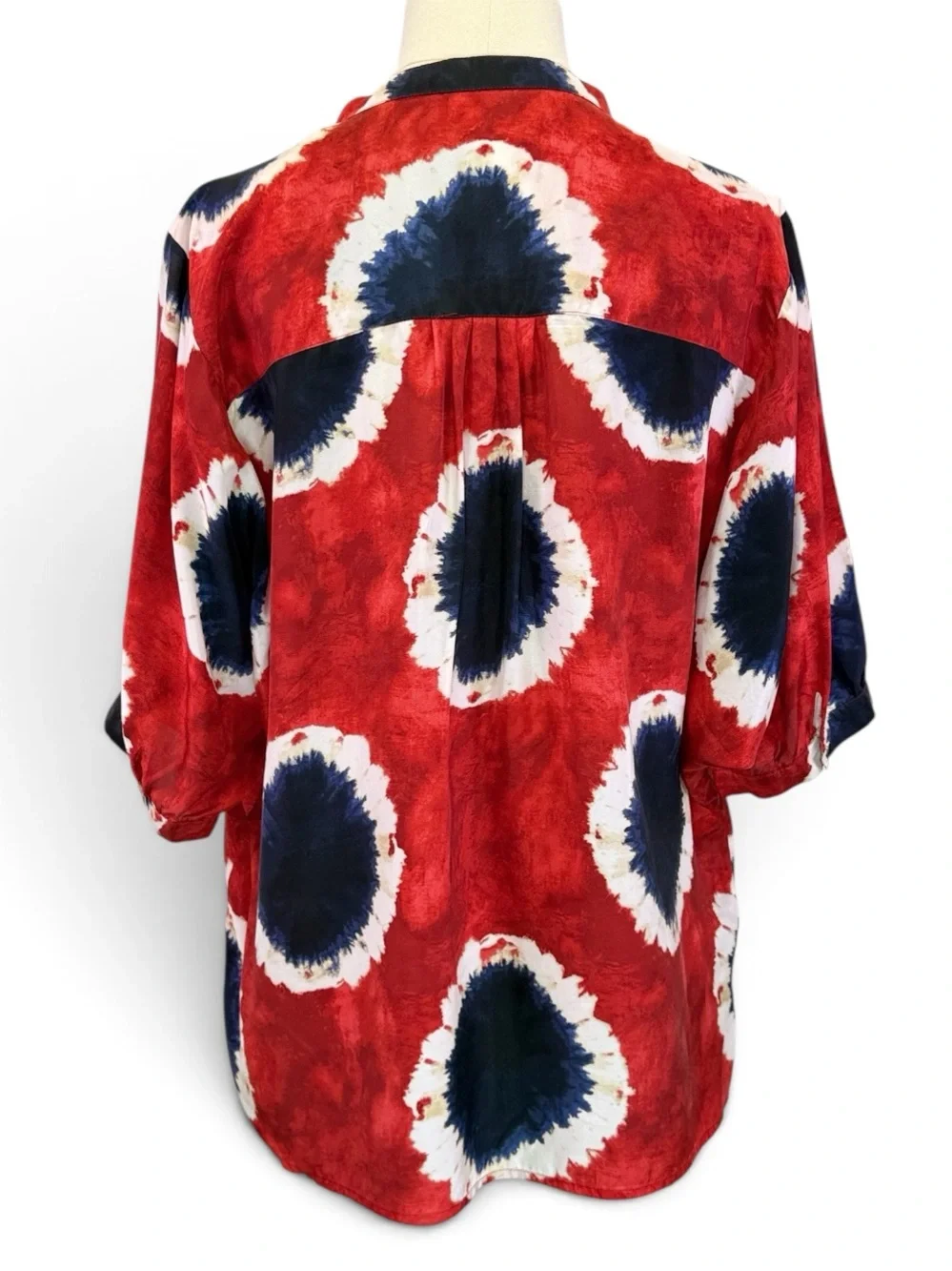 Michael Kors Women’s Red White Blue Silk Tie Dye V-Neck Short Sleeve Top Size XL